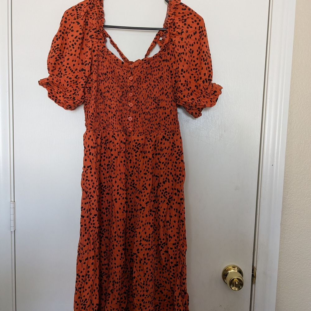 Unique Vintage Brown and Orange Puff Sleeve Sundress